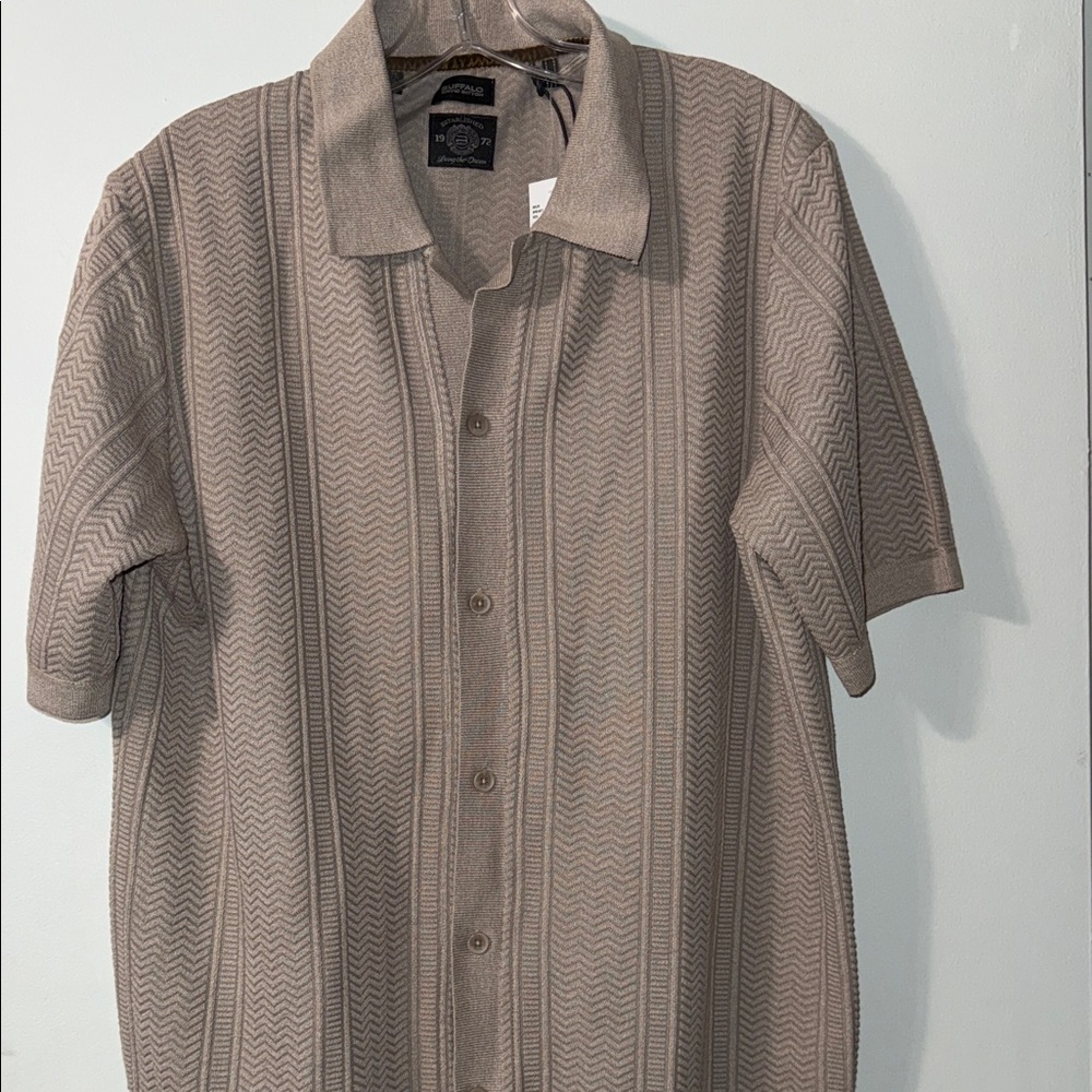 Men's XL Buffalo David Bitton Taupe Short-Sleeve Knit Polo button up